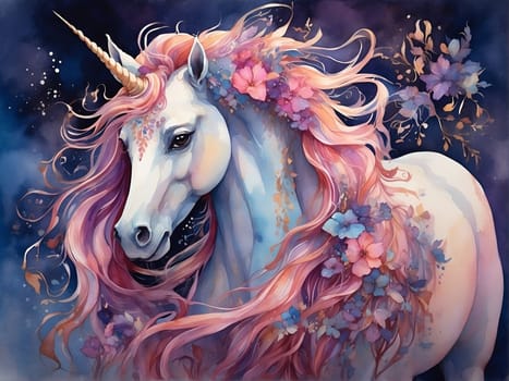 A vibrant painting capturing the magical essence of a unicorn with a mane of pink hair.