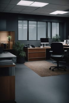 An empty office space with a desk and chairs, offering a clean and organized environment for effective work.