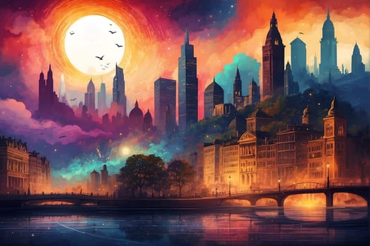 A stunning and captivating painting capturing the beauty of a city at night, bathed in the ethereal glow of a full moon.