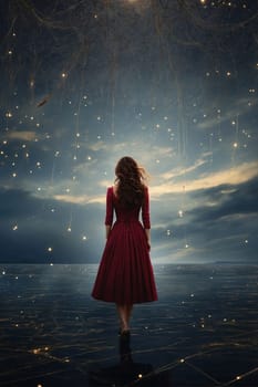 A beautiful woman wearing a red dress admiring the stars on a clear night.