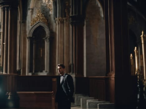 A well-dressed man wearing a tuxedo stands confidently before a beautiful church, exuding a sense of elegance and sophistication.