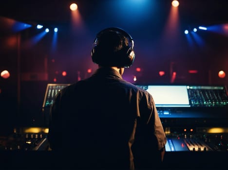 A man wearing a helmet stands confidently in front of a professional mixing desk set-up.