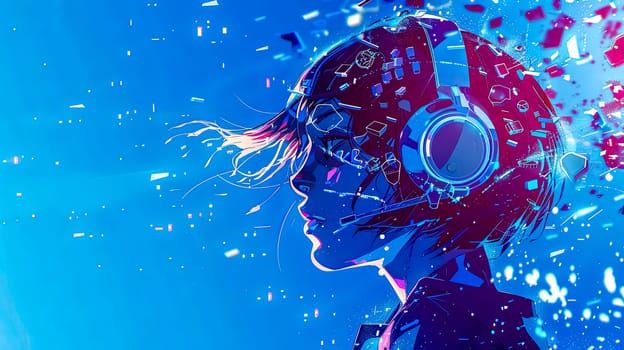 Digital artwork of a woman with cybernetic enhancements against a dynamic, abstract blue background, copy space