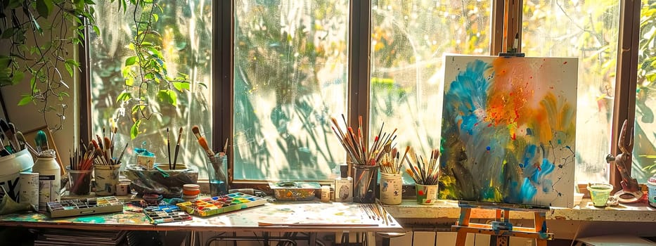 Bright, cozy art studio filled with natural light, brushes, and a colorful canvas