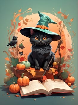 A photo of a black cat sitting on top of an open book while wearing a witches hat.