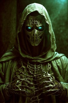 A man in a hooded costume holds a skeleton, adding a spooky touch to this Halloween-themed image.