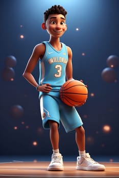 A colorful cartoon basketball player confidently holds a basketball.