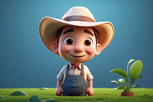 A little boy wearing a hat and overalls stands in the grass.