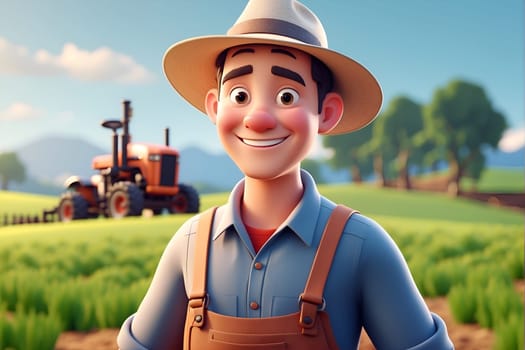 A man wearing a hat and overalls stands in a lush, green field, under a clear blue sky.