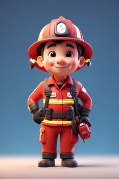 A cartoon fireman stands in front of a blue background, ready to battle fires and save the day.