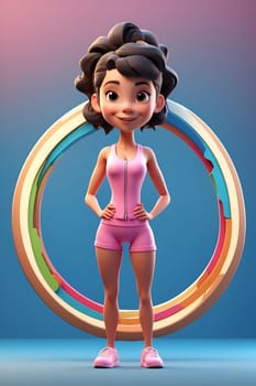 A woman dressed in a pink outfit poses in front of a circle structure.