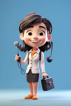 A cartoon character confidently holds a microphone in one hand and a briefcase in the other.