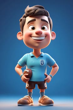 A cartoon boy wearing a blue shirt confidently holds a football, displaying his passion for sports.