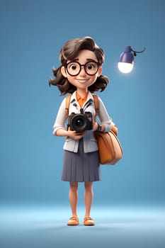 A woman holds a camera with a light raised above her head.