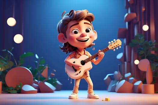 Enjoy the lively performance of a cartoon character playing an electric guitar on a vibrant stage.