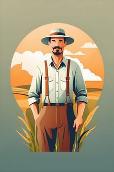 A man wearing a hat and overalls stands in a field, creating a striking image of rural life.