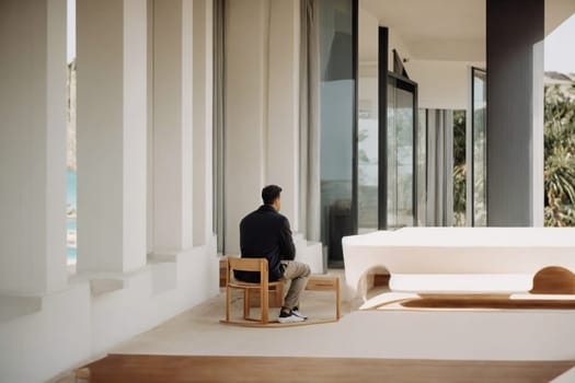 A man is seated on a chair in front of a window, looking outside.