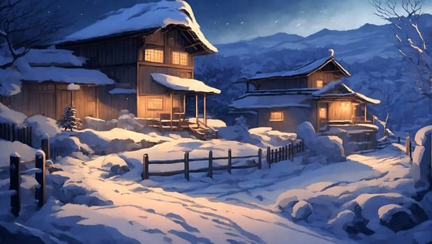 A painting depicting a snowy landscape with houses, showcasing the winter season and residential architecture.