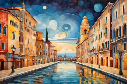 A detailed painting showcasing a canal in a city under the night sky, capturing the architecture and reflections in the water.