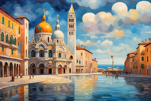 This photo showcases a painting depicting a city street with a prominent church in the background.