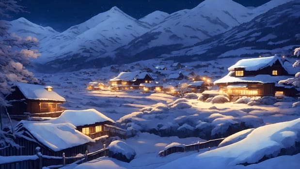 A captivating winter scene of a village covered in snow, with a towering mountain in the background.