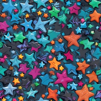 A seamless pattern featuring numerous brightly colored stars against a black background.