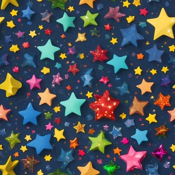 A seamless pattern featuring a lively group of colorful stars against a vibrant blue background.