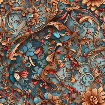 A seamless pattern featuring a variety of flowers and leaves on a blue background.