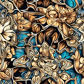 A seamless pattern featuring a variety of blue and gold flowers arranged on a black background.