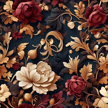 A seamless pattern of red and gold flowers against a black background.