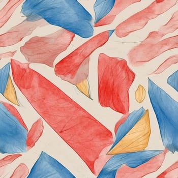 A repetitive design featuring various red, white, and blue shapes arranged in a seamless pattern.