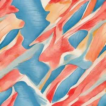 A seamless pattern showcasing a painting of red, blue, and yellow leaves.
