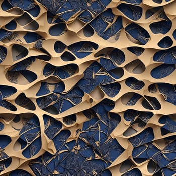 This close-up photo showcases the details of a seamless pattern created from layers of blue paper on a wall.