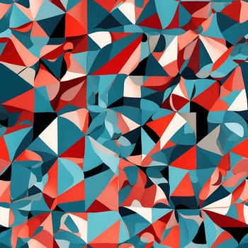 A seamless pattern showcasing a lively and colorful abstract background composed of various red, white, and blue shapes.