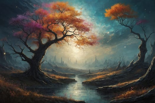 An artwork depicting a river flowing through a landscape with trees, capturing the essence of nature.