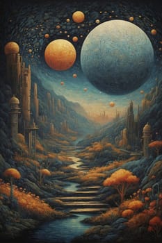 This photo shows a painting of a landscape featuring planets and a river, capturing a unique combination of natural elements in a serene environment.