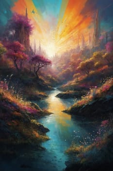 An artwork depicting a river flowing through a landscape filled with lush trees.