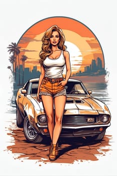 A detailed drawing depicting a woman standing confidently next to a sleek car, showcasing strength and style.