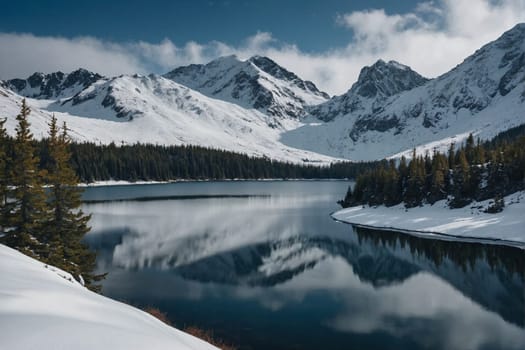 A photo showcasing a serene lake nestled among towering mountains covered in snow, with a backdrop of pine trees.