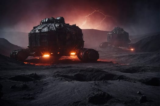 A photo of a colossal truck navigating through a vast desert landscape as lightning illuminates the sky above.