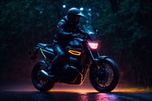 A man confidently rides his motorcycle on a wet road, navigating through the conditions with skill and caution.