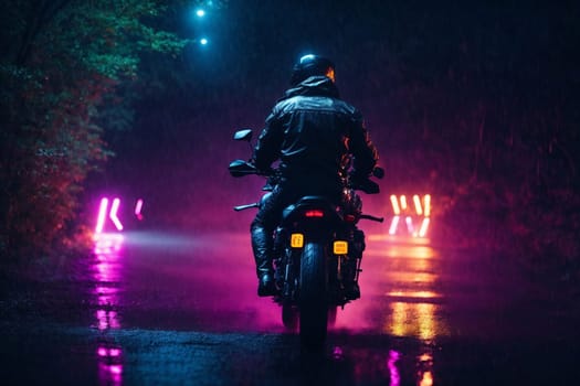 A person confidently rides a motorcycle on a wet road, skillfully navigating the challenging conditions.