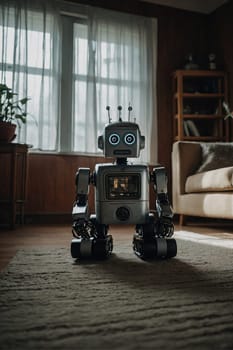 A robot is seen sitting on the floor in a living room, surrounded by furniture and other household items.