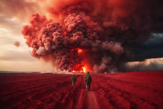 Two individuals walking down a dirt road while a significant plume of smoke fills the background.