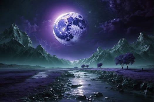 This photo showcases a painting depicting a purple moon hanging over a river, creating a stunning visual contrast.