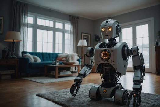 A robot is sitting on a rug in a living room.