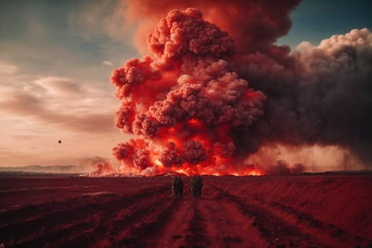 Two people stand in front of a towering fire, observing its magnitude.