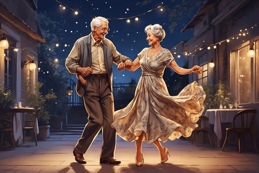 This painting depicts a man and a woman engaged in a lively dance.