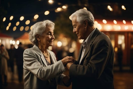 A couple of individuals joyfully dancing together in sync on a dance floor.