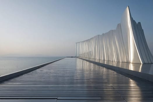 A photo of a massive white wall standing adjacent to a body of water, creating a striking contrast between man-made structure and natural surroundings.